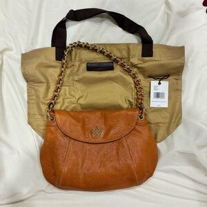 ANTONIO MELANI Cognac Brown Leather Shoulder Bag with Gold Chain